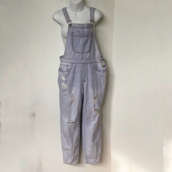 Forever 21 Overalls Denim Light Wash 100% Cotton Distressed - Picture 1 of 8